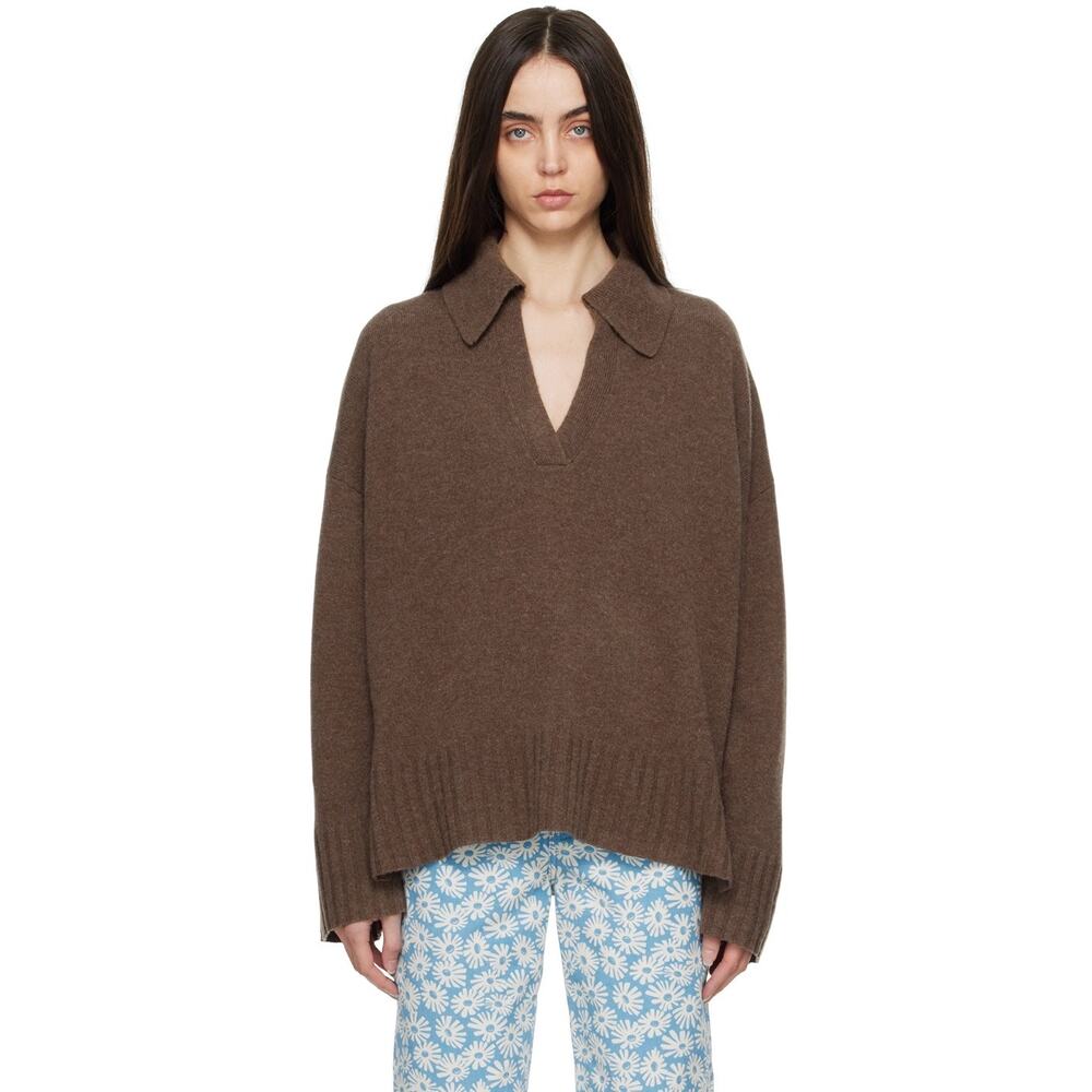 Reformation 100% Wool Brown Otto Oversized Polo Sweater Size S Pullover - Picture 4 of 12